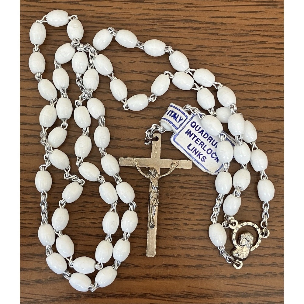 White Acrylic Bead Rosary INRI Cross Crucifix Medals Chains Silver Tone Vintage
